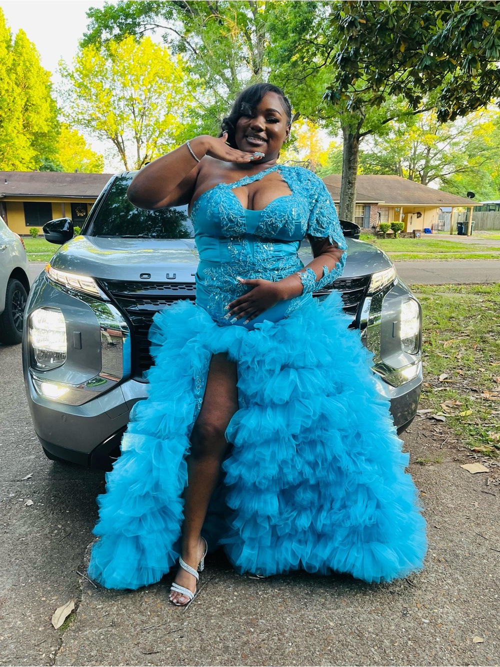 Elegant Turquoise One-Shoulder Ruffled Prom Dress - Picture 2 of 5